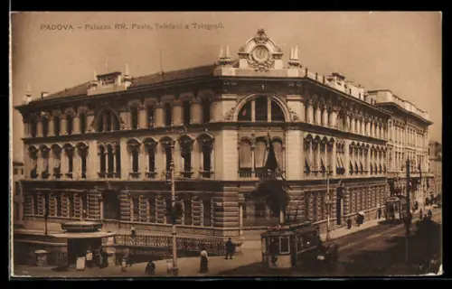 AK Padova, Palazzo RR. Poste, Telefoni e Telegrafi, Strassenbahn