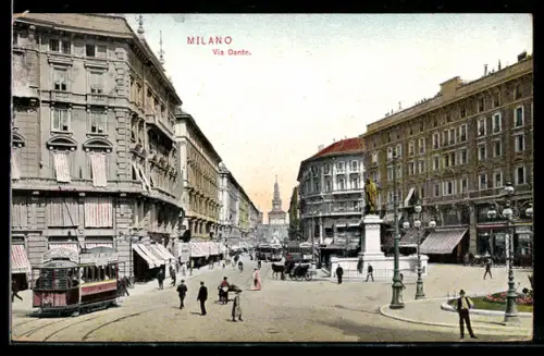 AK Milano, Via Dante, Strassenbahn, Pferdekutsche