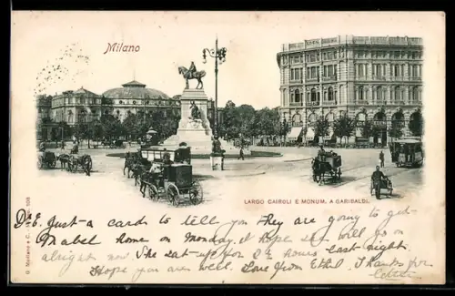 AK Milano, Largo Cairoli e Monumento a Garibaldi, Strassenbahn