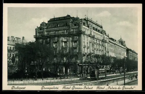 AK Budapest, Hotel Donau-Palast, Strassenbahn