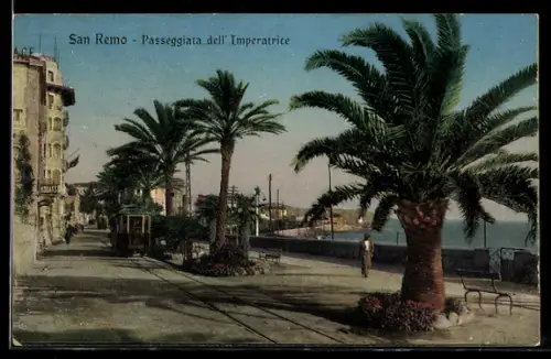 AK San Remo, Passeggiata dell` Imperatrice, Strassenbahn