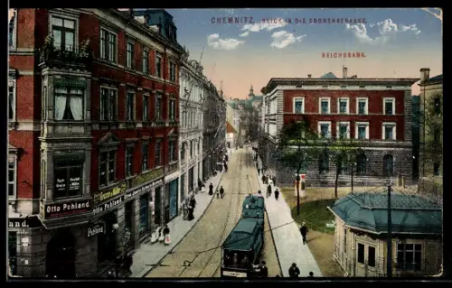 AK Chemnitz, Strassenabhn in der Kronenstrasse mit Blick zur Reichsbank, Strassenbahn