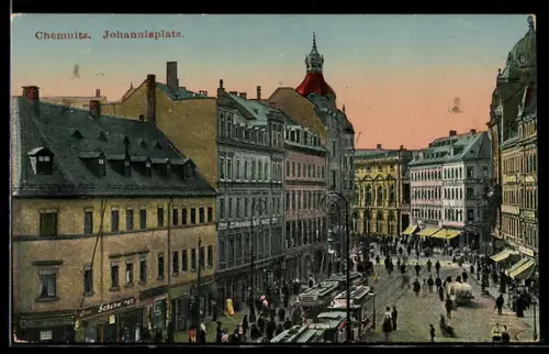 AK Chemnitz, Johannisplatz mit Strassenbahnen aus der Vogelschau