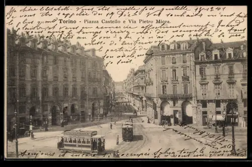 AK Torino, Piazza Castello e Via Pietro Micca mit Strassenbahnen