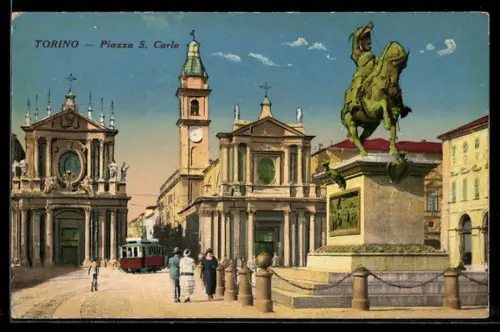 AK Torino, Piazza S. Carlo, Strassenbahn