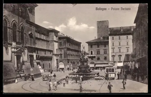AK Bologna, Piazza Nettuno, Strassenbahn