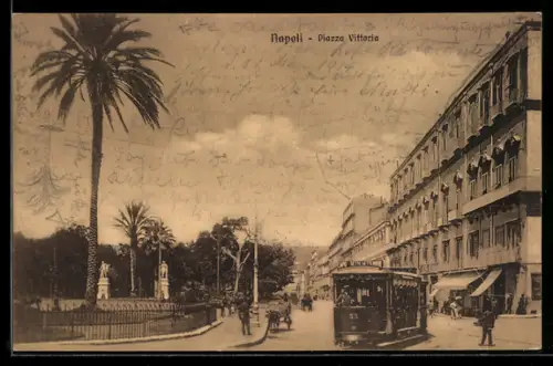 AK Napoli, Piazza Vittoria, Strassenbahn, Eselgespann