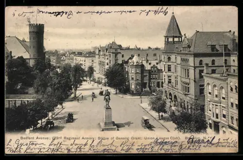 AK New York, NY, Bedford Avenue, 23rd Regiment Armory, Statue of General Grant, Union League Club