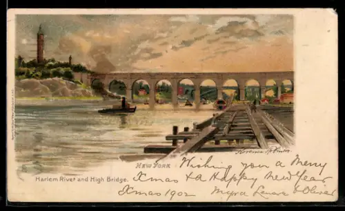 Künstler-Lithographie New York, NY, Harlem River and High Bridge