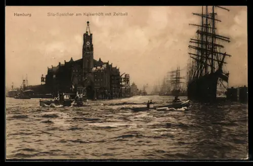 AK Hamburg, Am Sandtorkai, Silo-Speicher am Kaiserhöft mit Zeitball, Segelschiffe