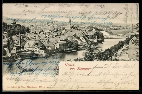 AK Kempten, Ortsansicht mit Fluss und Brücke