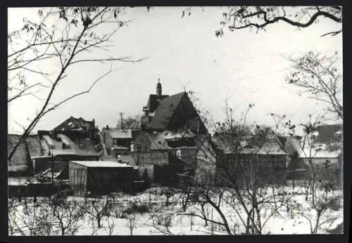 Fotografie unbekannter Fotograf, Ansicht Zörbig, Winterliche Ortsansicht umrahmt von Bäumen