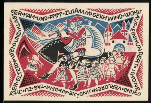 Notgeld Hameln /Weser 1921, 50 Pfennig, Rattenfänger-Motiv mit Kindern und Ortsansicht
