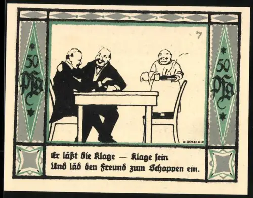 Notgeld Mülsen-St.-Jakob 1921, 50 Pfennig, geselliges Zusammensein und historische Szene mit Wappen