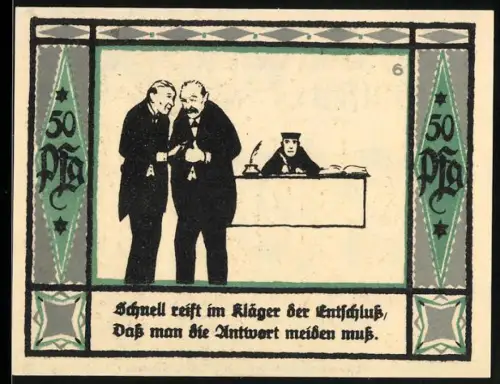 Notgeld Mülsen-St.-Jakob 1921, 50 Pfennig, Gerichtsszene und zwei Männer mit Wappen