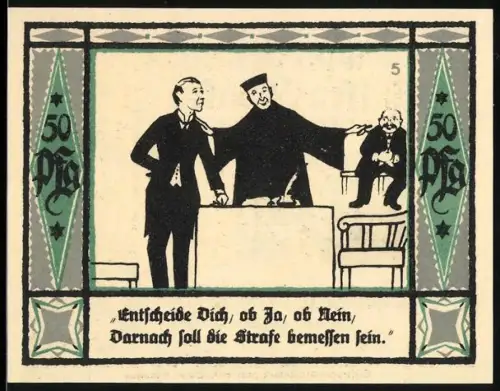 Notgeld Mülsen-St.-Jakob 1921, 50 Pfennig, humorvolle Gerichtsszene und Dorfszene mit Handwerkern
