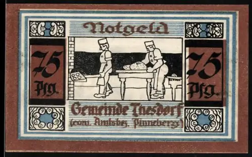 Notgeld Thesdorf 1921, 75 Pfennig, Bäcker beim Brotbacken