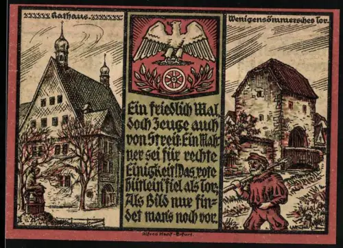 Notgeld Sömmerda i. Thür. 1921, 50 Pfennig, Rathaus und Wenigensömmerisches Tor