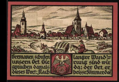 Notgeld Sömmerda i. Thür. 1921, 25 Pfennig, Ortsansicht und Soldat auf dem Exerzierplatz