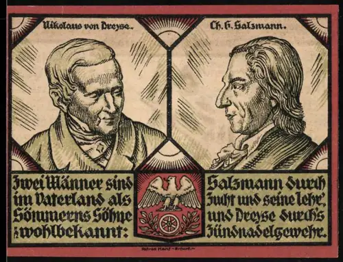 Notgeld Sömmerda i. Thür. 1921, Eine Mark, Porträts von Nikolaus von Dreyse und Ch. Salzmann