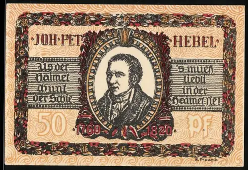 Notgeld Lörrach, 50 Pfennig, Porträt von Johann Peter Hebel und Stadtsiegel mit Vogel im Wappen