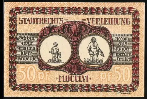 Notgeld Lörrach, 50 Pfennig, Stadtrechtsverleihung mit zwei Figuren und Wappen mit Vogel