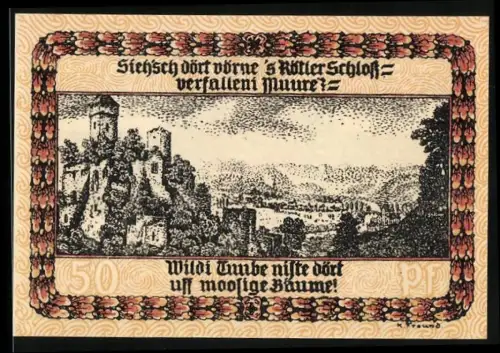 Notgeld Lörrach, 50 Pfennig, Ruinenlandschaft mit mittelalterlicher Burg und Stadtwappen