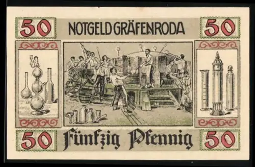 Notgeld Gräfenroda 1921, 50 Pfennig, Glasbläser bei der Arbeit und Fabrikansicht Wilhelmshütte