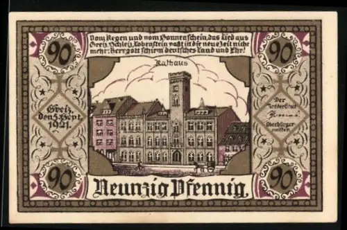Notgeld Greiz 1921, 90 Pfennig, Rathaus und Stadtwappen von Greiz