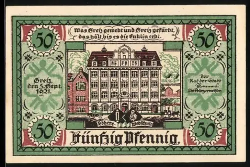 Notgeld Greiz 1921, 50 Pfennig, Höhere Webschule und Stadtwappen