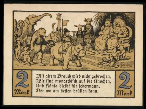 Notgeld Hamburg 1921, 2 Mark, Tiere im Zoo mit Löwen und Elefanten als Monarchen