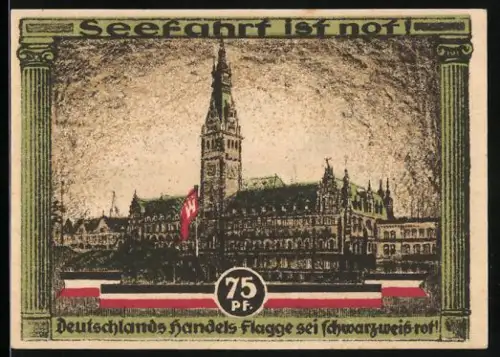 Notgeld Hamburg 1921, 75 Pfennig, Rathaus, Ionische Säule von Hamburger Wappen