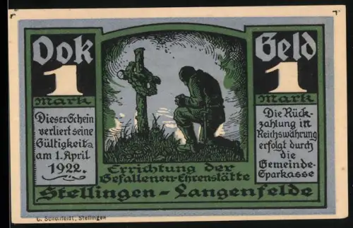Notgeld Stellingen 1922, 1 Mark, kniender Soldat am Grab und Landschaft mit Turm