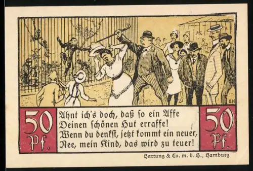 Notgeld Hamburg 1921, 50 Pfennig, Szene im Zoologischen Garten am Affenkäfig