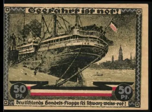 Notgeld Hamburg 1921, 50 Pfennig, Hamburger Passagierschiff im Hafen, Läufer mit Lorbeerzweig