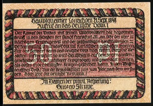 Notgeld Lörrach, 50 Pfennig, Aufruf an das deutsche Volk 1848, Wappen mit Vogel