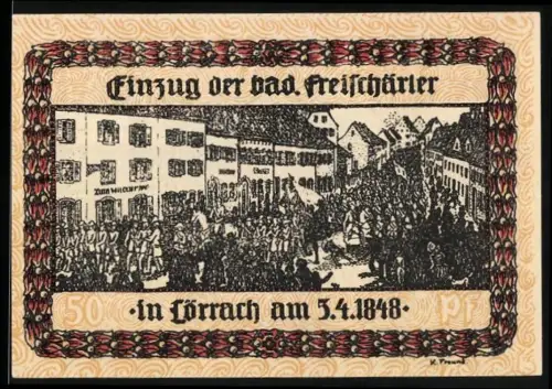 Notgeld Lörrach, 50 Pfennig, Einzug der bad. Freischärler 1848, Siegel der Stadt Lörrach 1756
