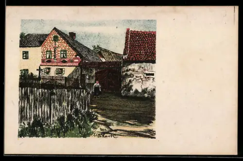 Künstler-AK Schlada bei Franzensbad, Ortspartie