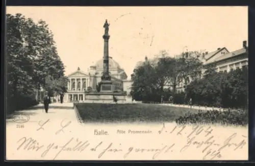 AK Halle, Alte Promenade mit Denkmal