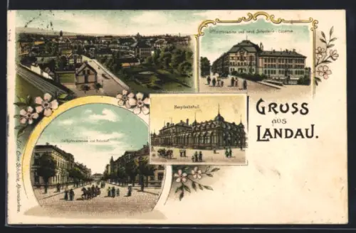 Lithographie Landau, Ostbahnstrasse, Ansicht vom Bahnhof, Offizierskasino und neue Infanterie-Kaserne
