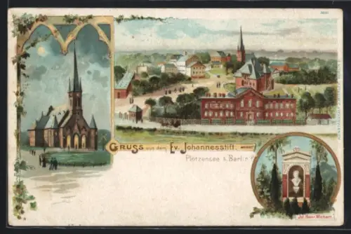 Lithographie Berlin-Plötzensee, Ev. Johannesstift, Denkmal Jul. Heinr. Wichern