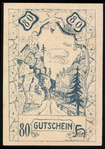 Notgeld Lebing /O.-Ö. 1920, 80 Heller, Landschaft mit Felsen und Bäumen