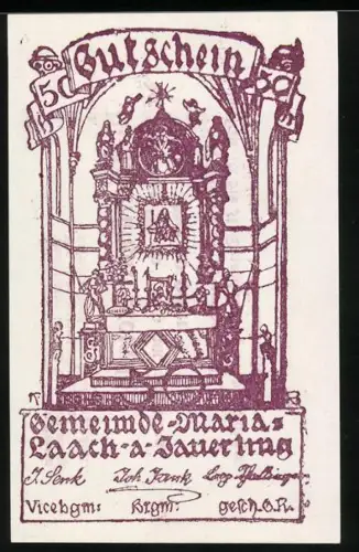 Notgeld Maria Laach a. Jauerling 1920, 50 Heller, Altar mit religiösem Motiv