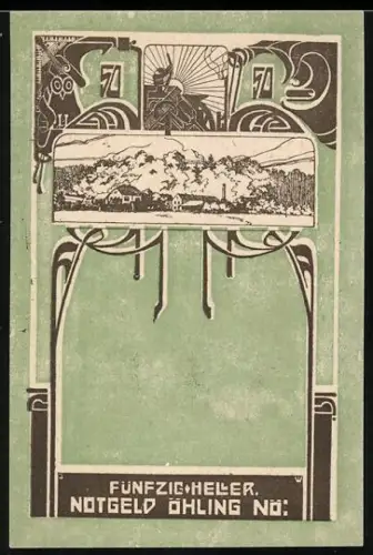 Notgeld Öhling /N.-Ö. 1920, 50 Heller, Landschaftspanorama mit stilisierten Motiven