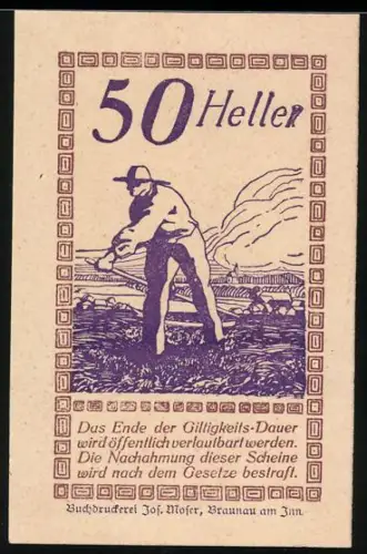 Notgeld Pischelsdorf 1920, 50 Heller, Bauer auf Feld und Dorflandschaft mit Kirche