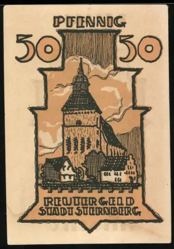 Notgeld Sternberg 1922, 50 Pfennig, Kirche mit Ortsansicht und Gedicht, Wappen der Stadt