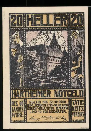Notgeld Hartheim 1920, 20 Heller, Gebäude und Tänzerinnen-Motiv