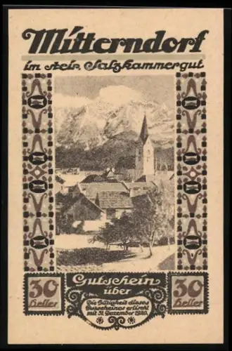 Notgeld Mitterndorf im steir. Salzkammergut, 30 Heller, Ortsansicht mit Kirche und Bergen im Hintergrund