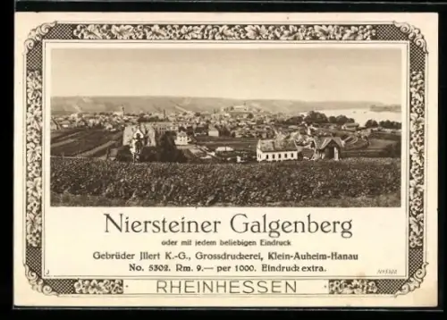 Getränkeetikett Niersteiner Galgenberg, Ortsansicht mit umliegenden Weinbergen
