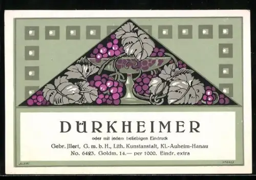 Getränkeetikett Dürkheimer, Weinschale, Weintrauben und Weinblätter